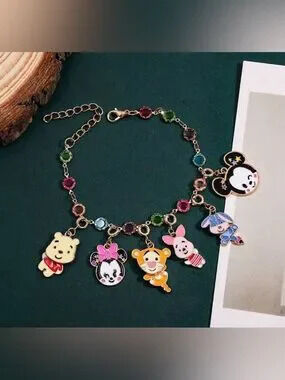 Gold Disney Winnie Pooh & Mickey Minnie Mouse Crystal Gemstone Charm Bracelet